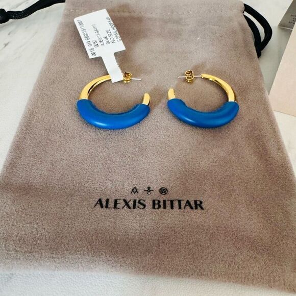 Alexis‎ Bittar Retro Memphis 14K Yellow Goldplated Half-Hoop Earrings, Blue, NWT - Picture 10 of 16